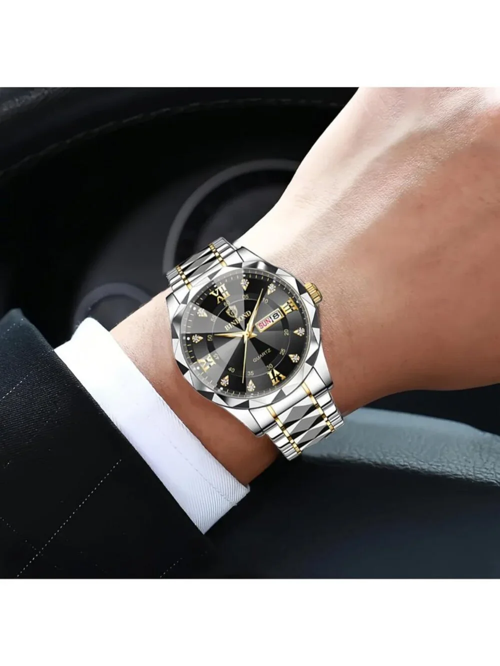 Unisex Silver Black Analog Stainless Steel Roman Numeral Diamond Luxury Watch
